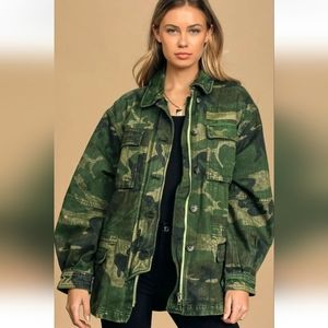 FREE PEOPLE Seize The Day Green CAMOUFLAGE Print Utility ARMY Jacket  L $168 NWT